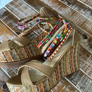 Tan Beaded-Strap Wedge Sandals